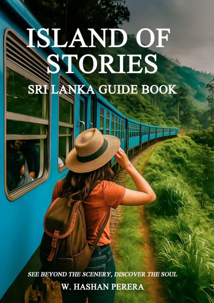 Book cover of Island of Stories showing a tropical island with palm trees, ocean waves, and a storytelling theme.